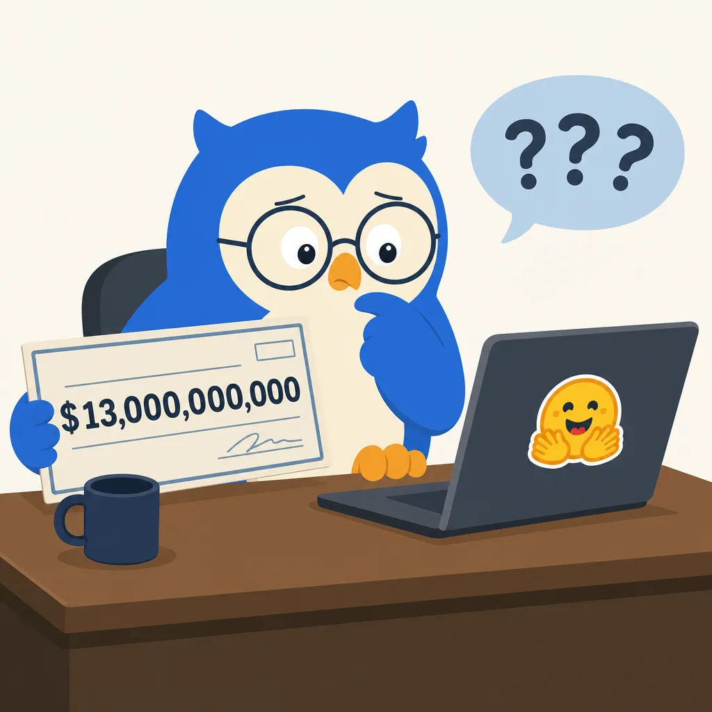 Quill the owl illustration for Hugging Face, the home of open AI models, might sell for $13 billion